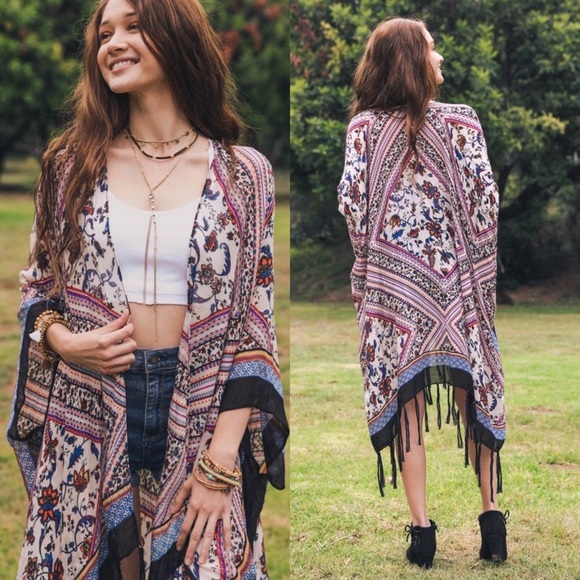 Boho Fringe Tassel Kimono kimono Wrap Top Shawl - Picture 4 of 8